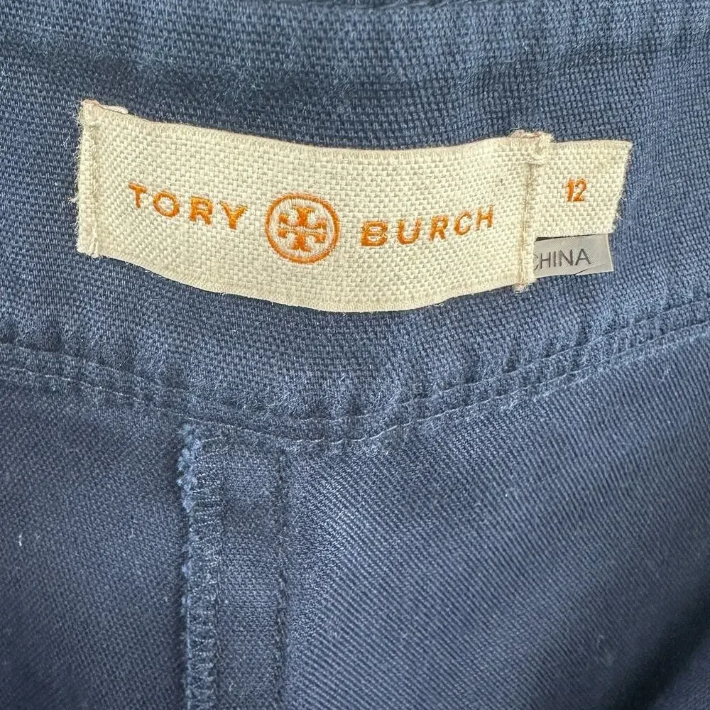 Tory Burch Maddie‎ Cropped Flare Trouser Pants Gold Button Navy Blue Size US 12